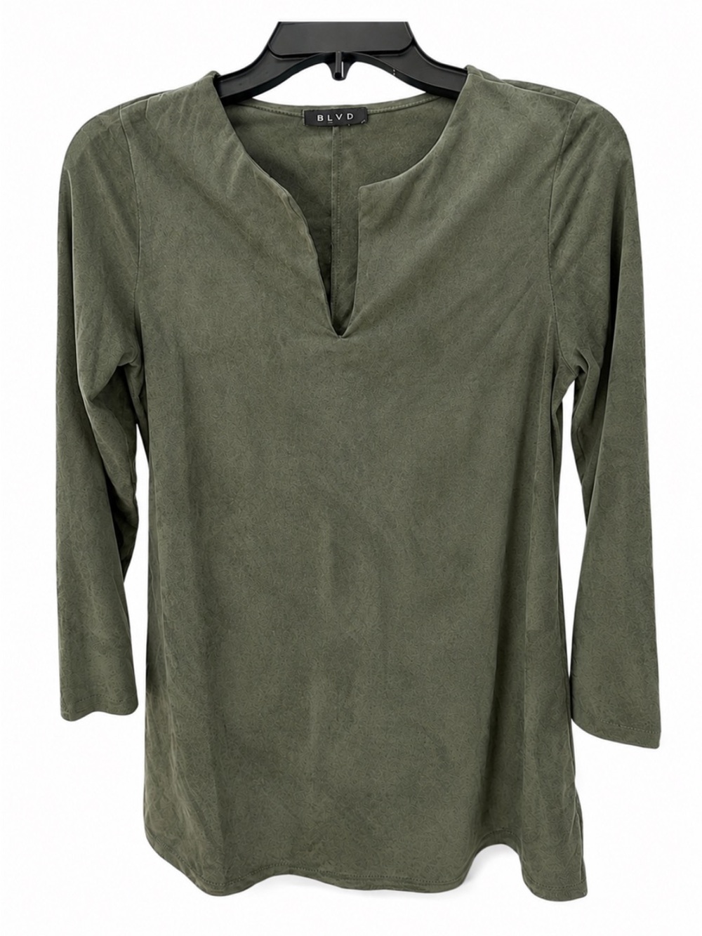 BLVD Olive Green Suede-Look V-Neck Tunic. Size tag missing, S.